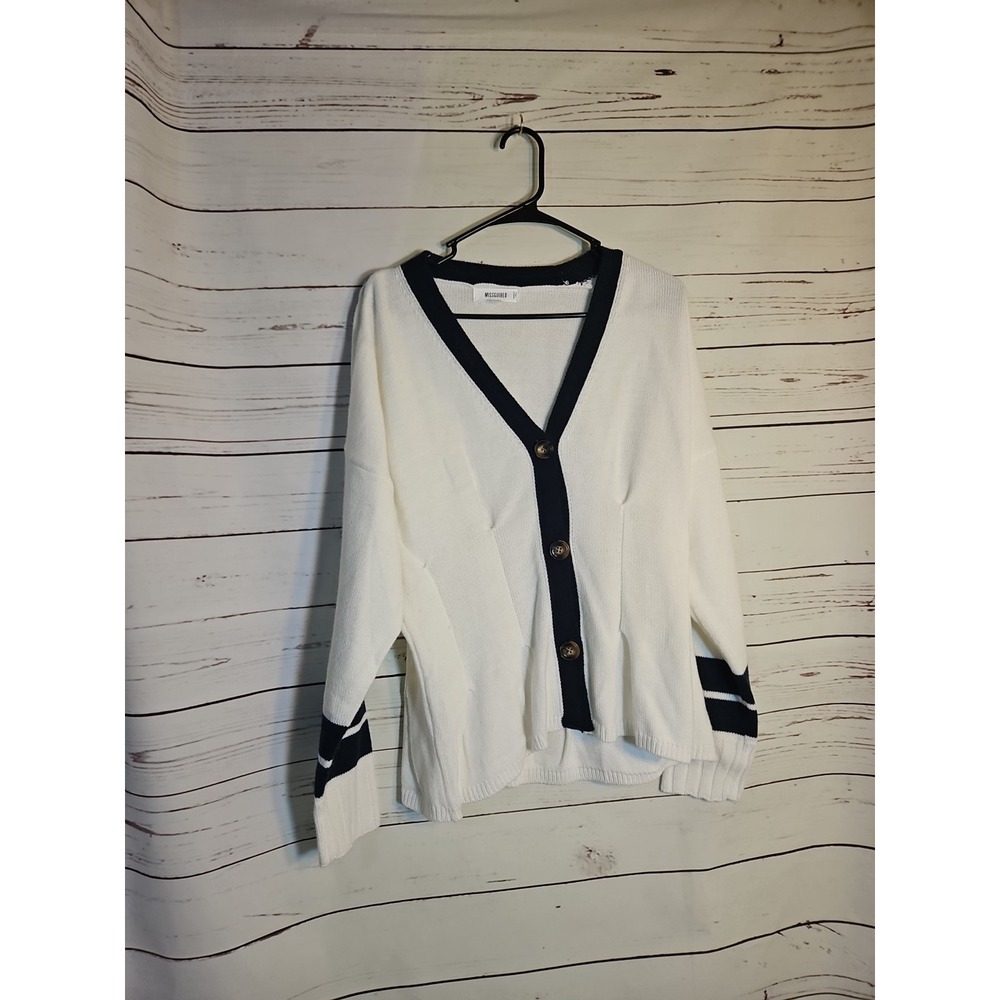 Missguided White  Cardigan with Navy Trim, Long Sleeve Button Up Sweater,Sz‎ 8